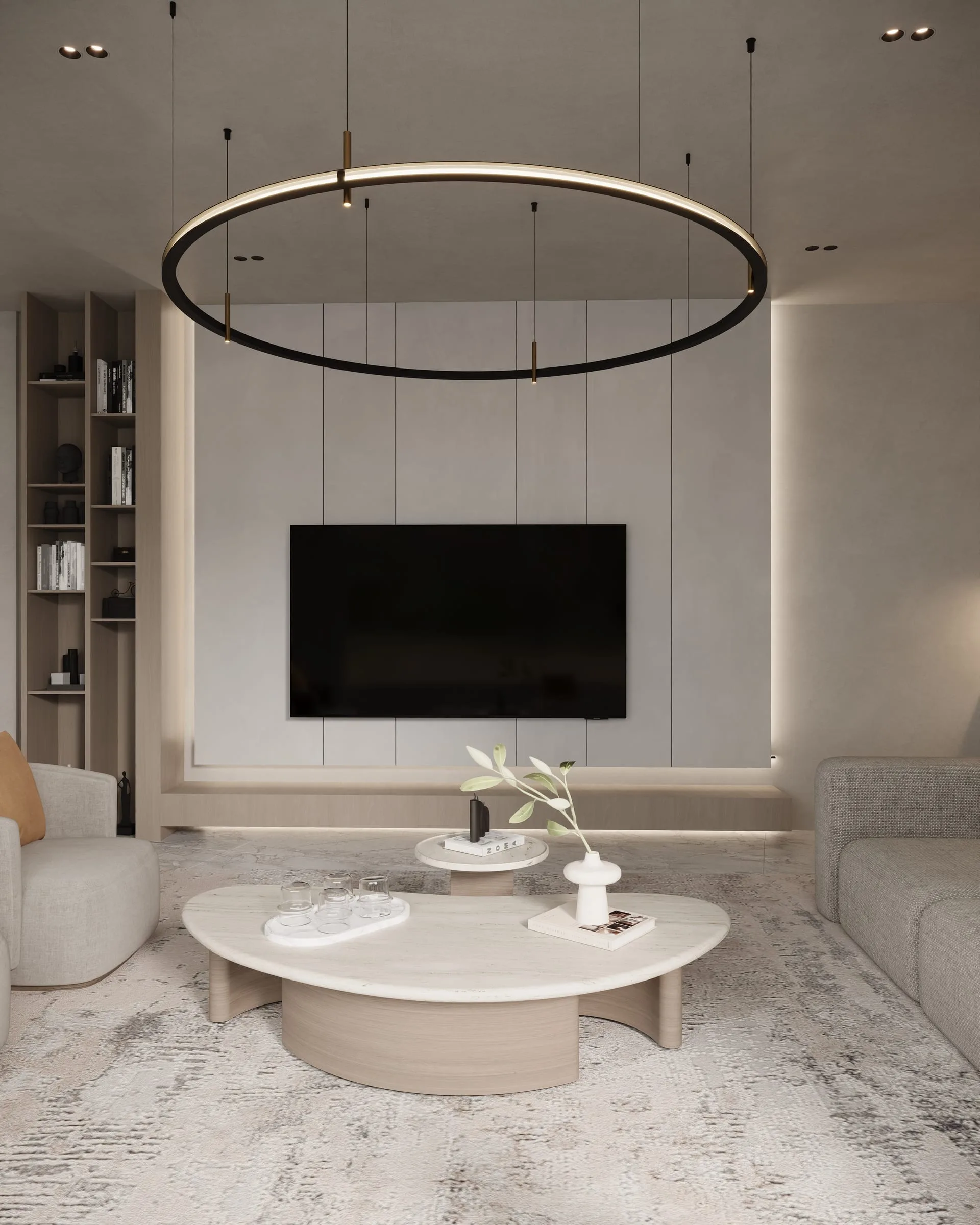 Finished living space bathed in warm light, fully furnished and ready to be inhabited