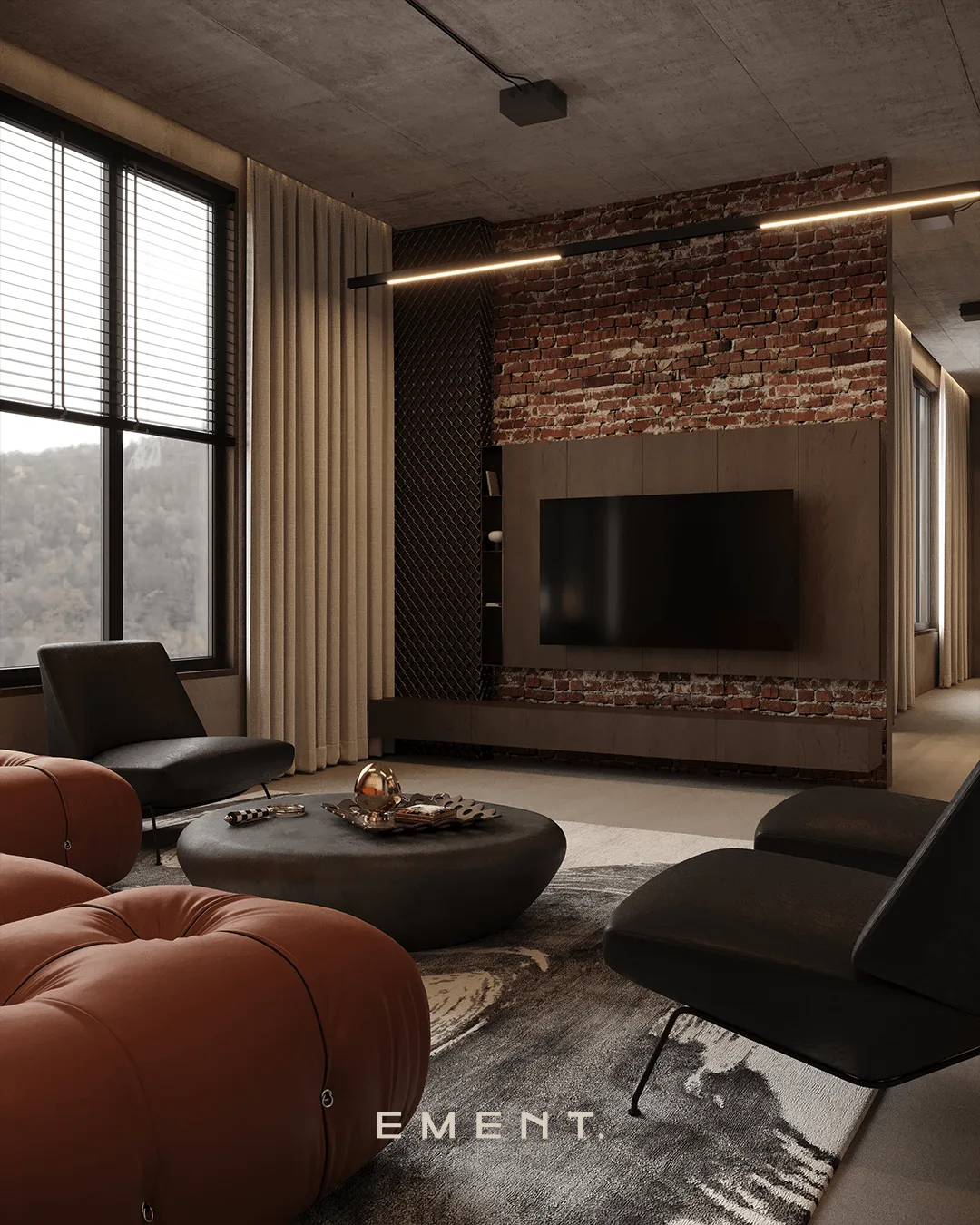 A warm, textured EMENT living space with brick, leather, and layered ambient lighting